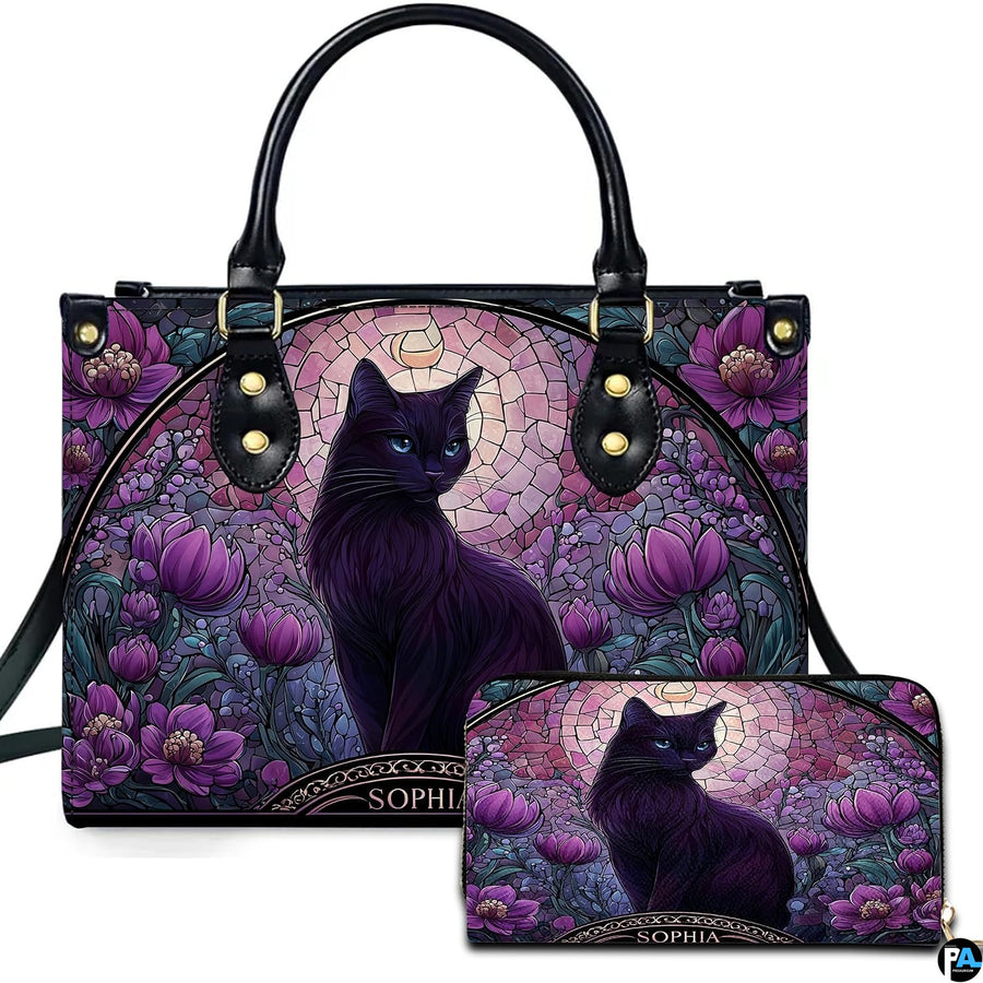 Coordinated presentation featuring stained glass black cat motif across primary and companion items.