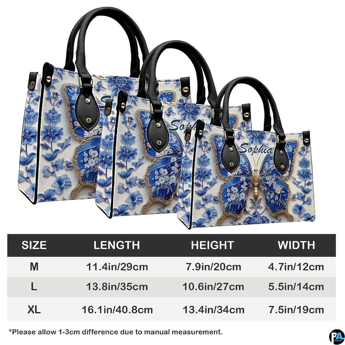 Side angle view of blue porcelain butterfly handbag and wallet