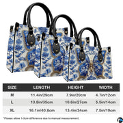 Side angle view of blue porcelain butterfly handbag and wallet