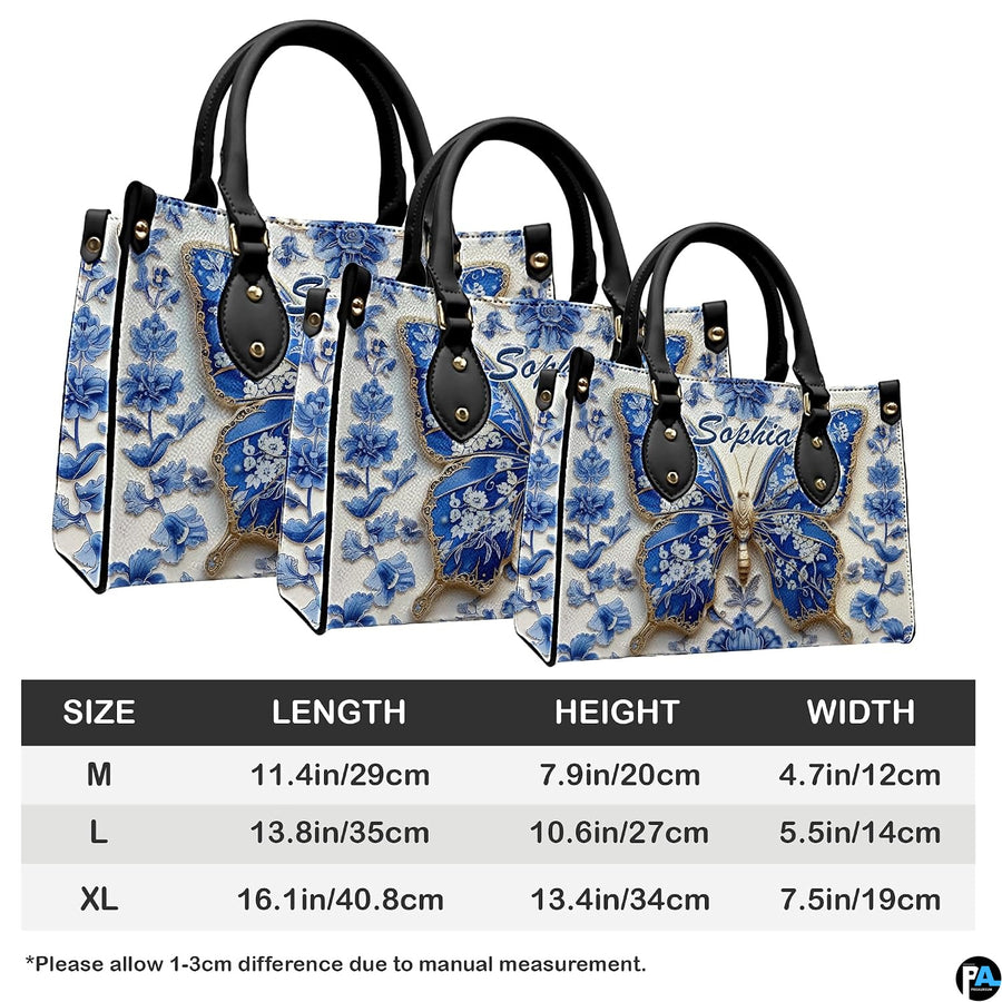 Side angle view of blue porcelain butterfly handbag and wallet