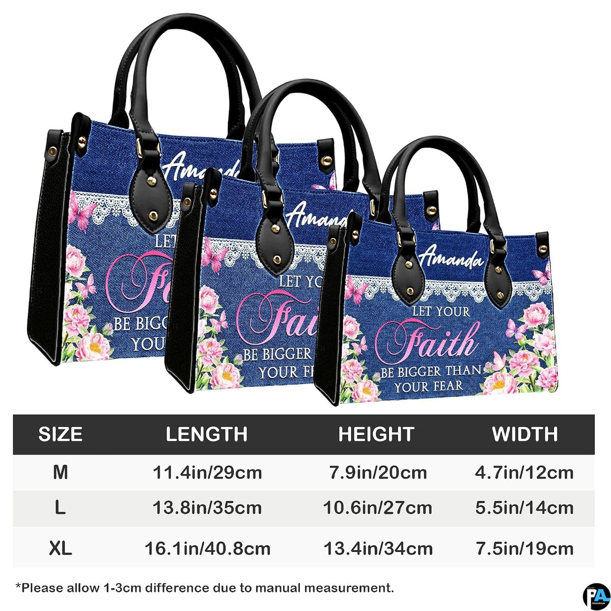Coordinated denim floral handbag and matching wallet set arranged side-by-side