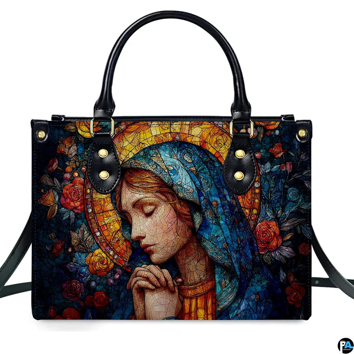 Front product view of turquoise veil praying Madonna handbag on white background.