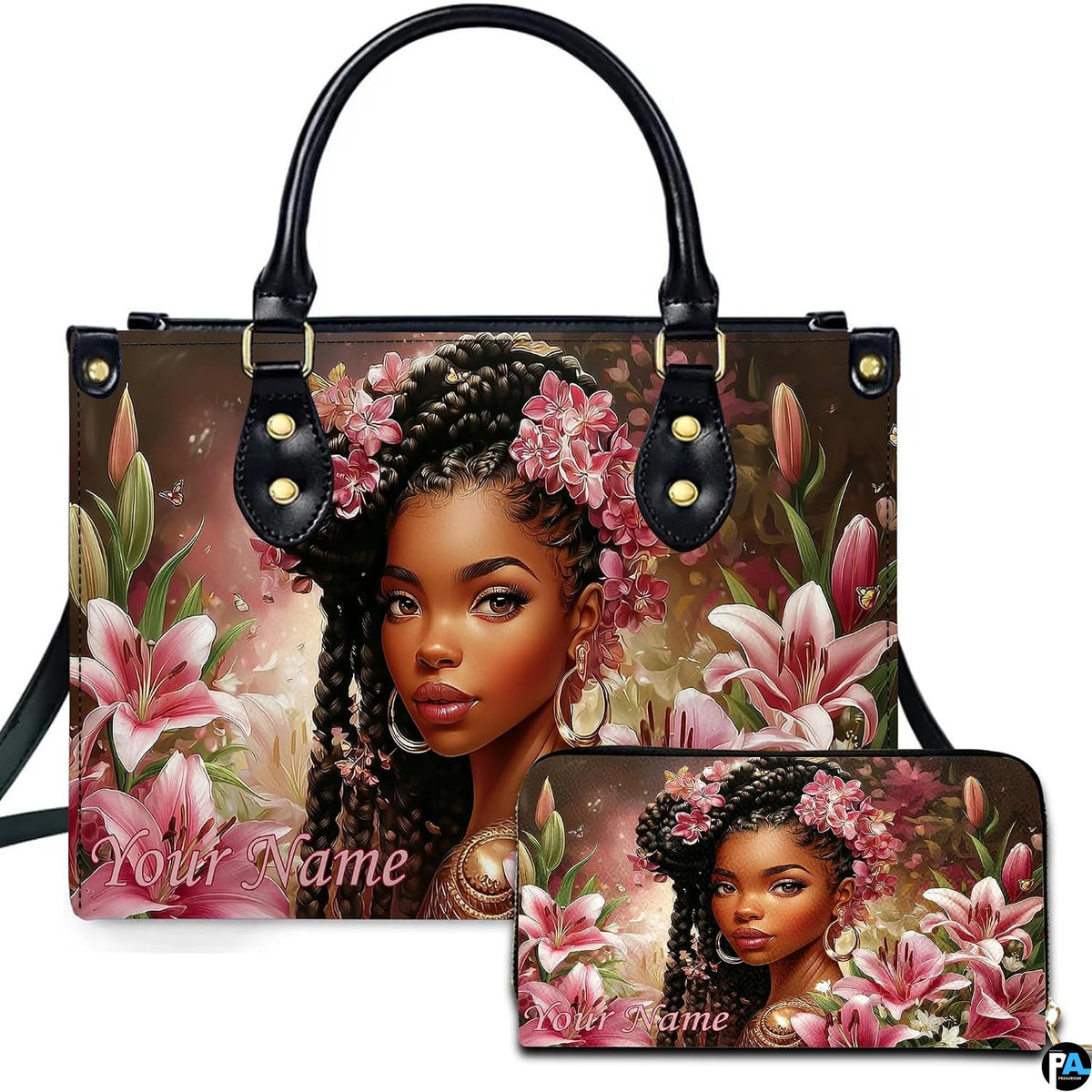 Braided Black woman portrait adorned with pink blossoms and blooming stargazer lilies.