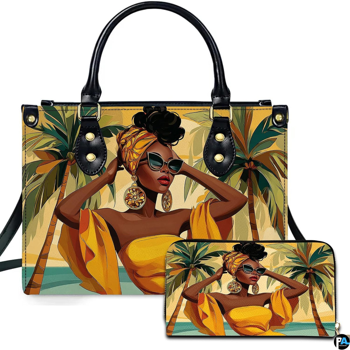 Chic Black woman in cat-eye sunglasses and yellow headwrap against tropical beach palm trees.