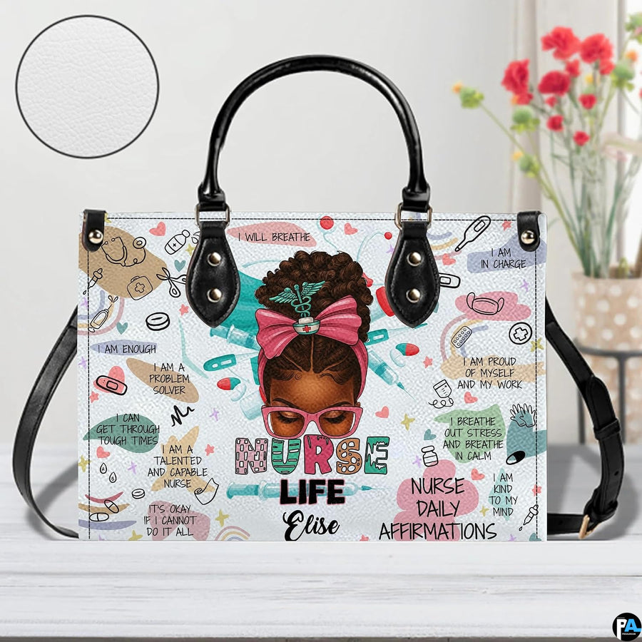 Angled perspective showing nurse illustration and colorful doodle artwork on handbag