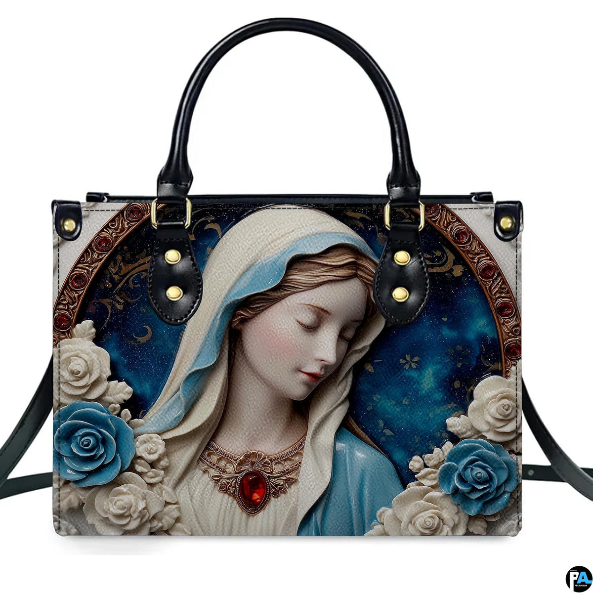 Front view of handbag featuring porcelain Madonna portrait surrounded by jeweled medallion and blue roses.