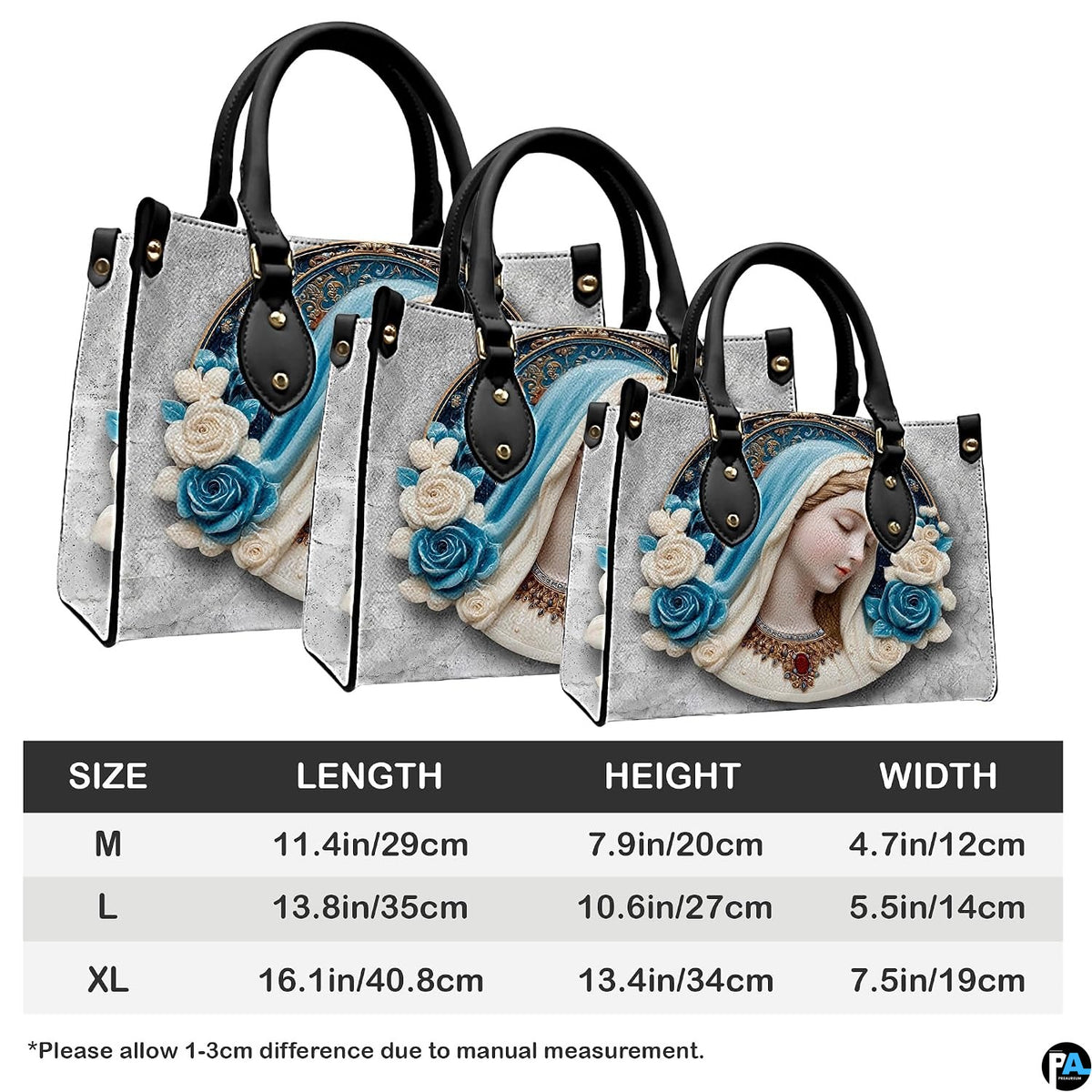 Size comparison chart showing three dimensions for the Virgin Mary cameo handbag