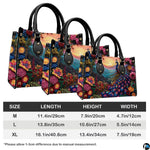 Three size presentations of a colorful peacock landscape handbag