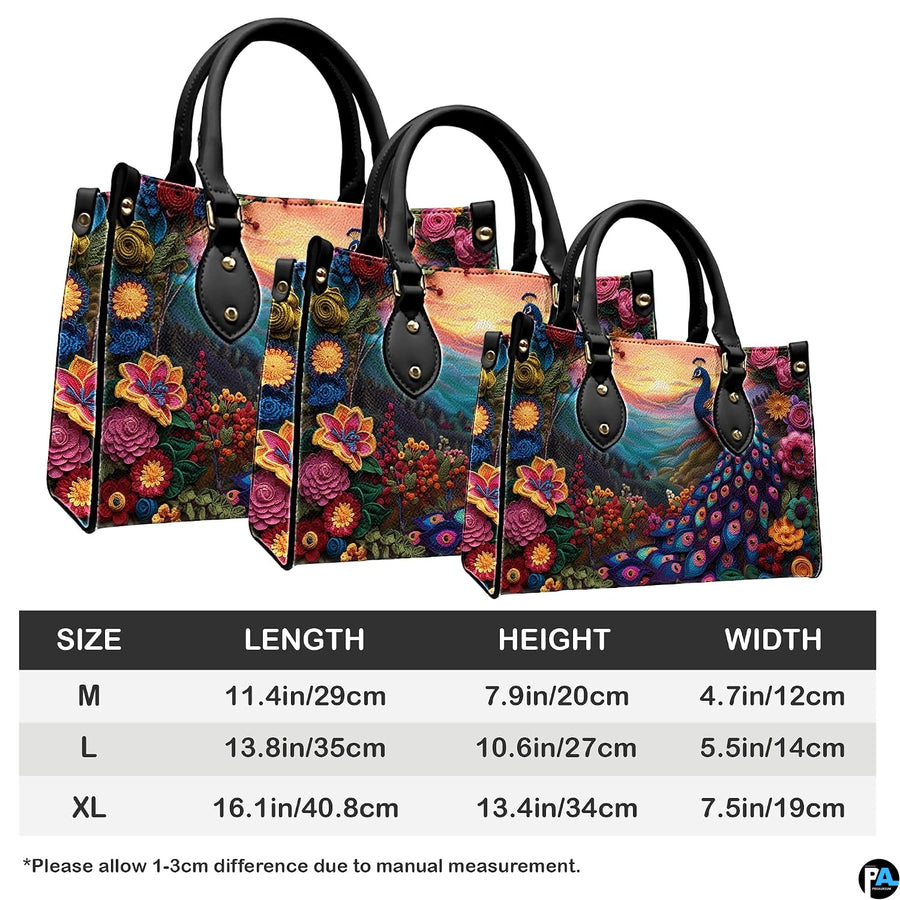 Three size presentations of a colorful peacock landscape handbag