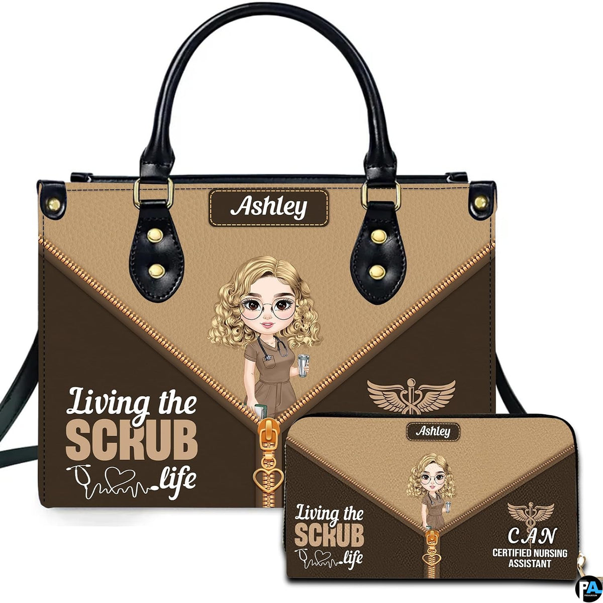 Chibi nursing assistant handbag and matching wallet set displayed upright on white background.
