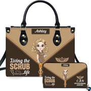 Chibi nursing assistant handbag and matching wallet set displayed upright on white background.