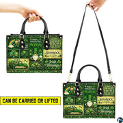 Two carry views of Celtic clover collage handbag