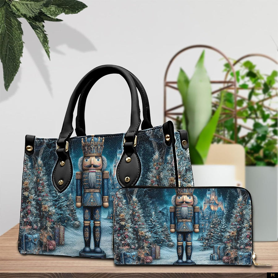 PREAUREUM "Santa, Snowman & Nutcracker Prints Festive Purse" Personalized Christmas Leather Handbag