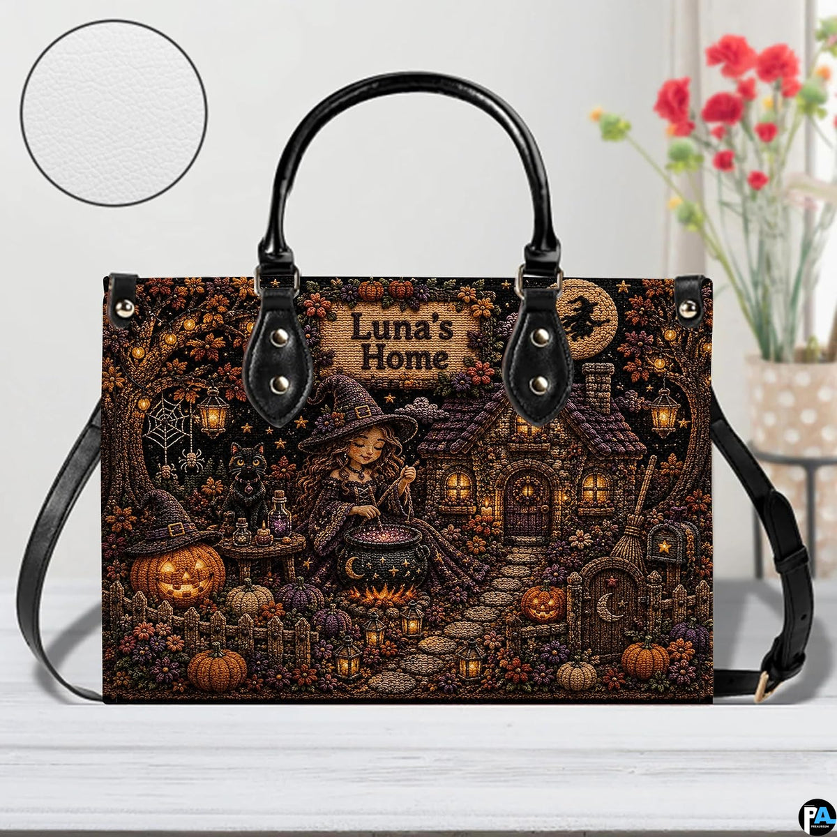 Witch cottage art accessory against white backdrop highlighting textured surface finish, illuminated cabin, and blossoms.