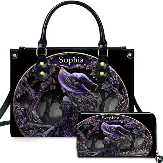 Personalized Halloween Leather Handbag – Custom Witch 3D Printing Effect Purses For Women – Spooky Gothic Shoulder Bag