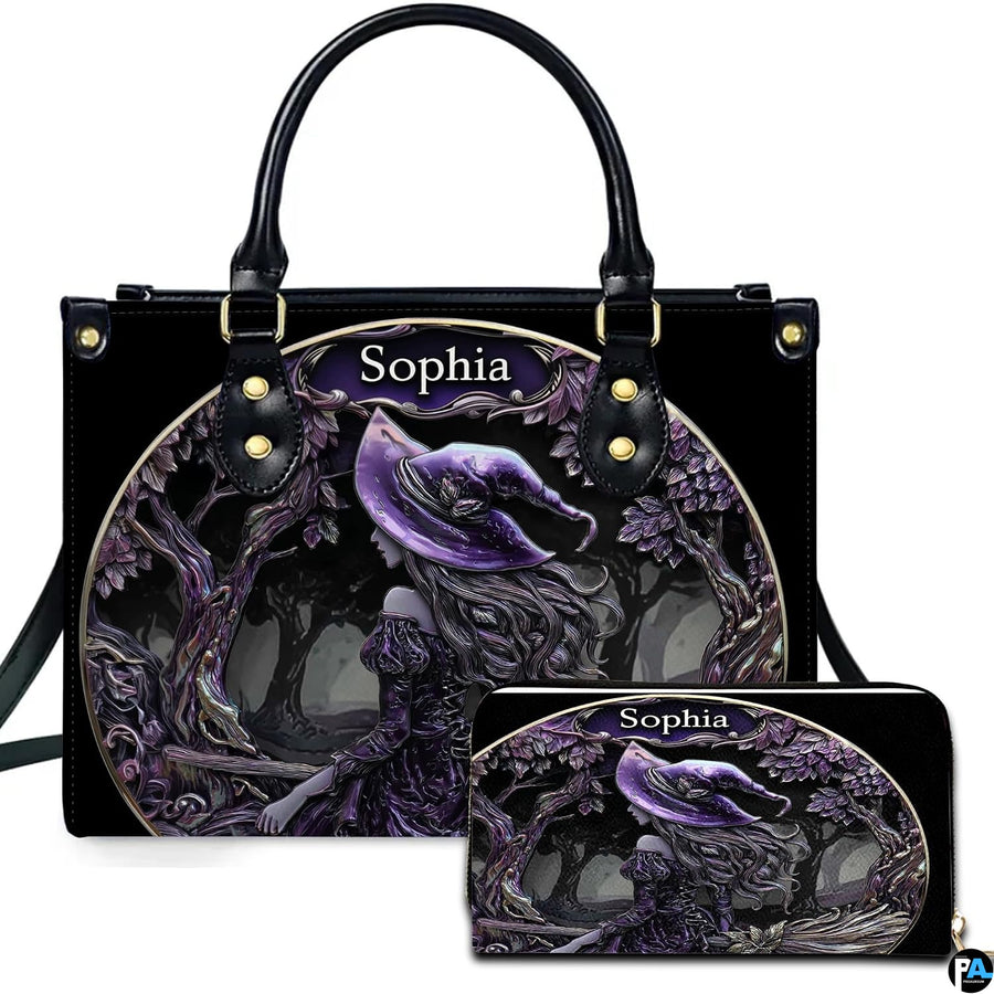 Personalized Halloween Leather Handbag – Custom Witch 3D Printing Effect Purses For Women – Spooky Gothic Shoulder Bag
