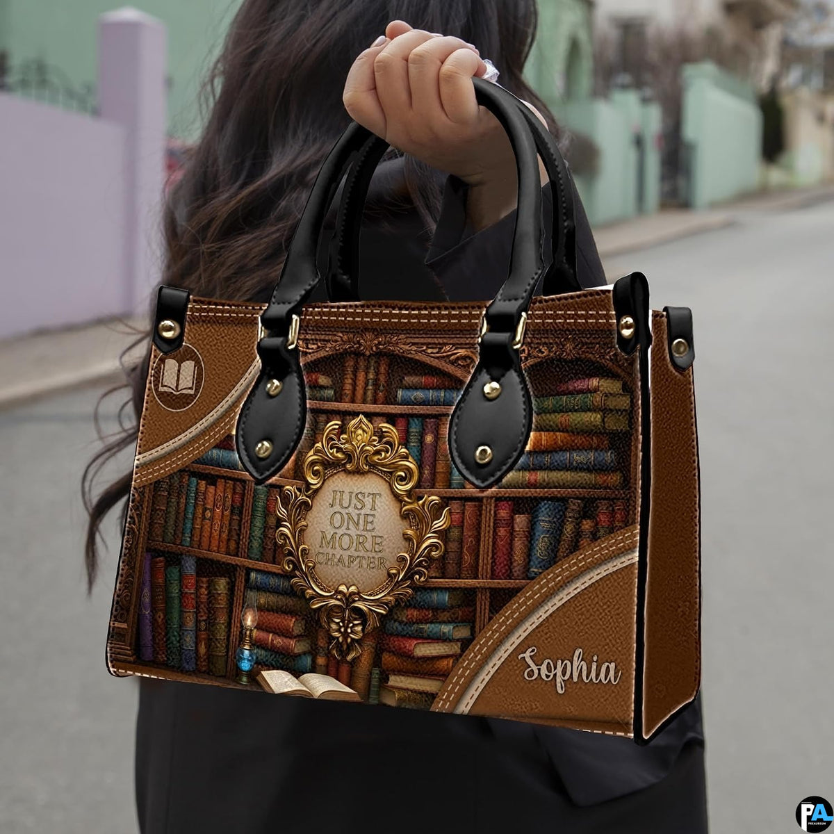 Vintage bookshelf handbag carried outdoors by top handle along residential street.