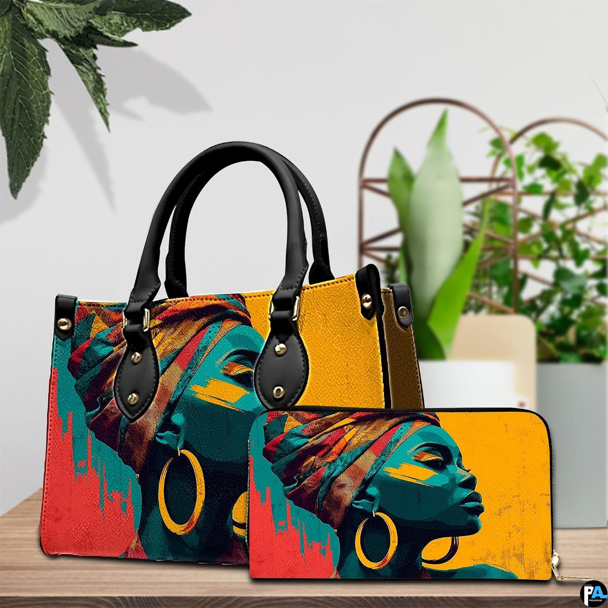 Handbag and wallet set displayed on wooden tabletop with green plant