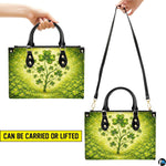 Clover tree handbag shown in handheld and shoulder presentations