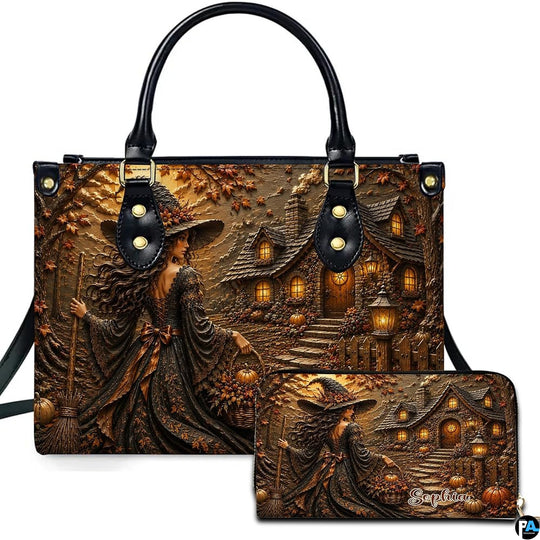 Personalized Witch Handbag with Purse, Custom Name Gothic Leather Bag Set for Women, Halloween Shoulder Bag, Witch Gift