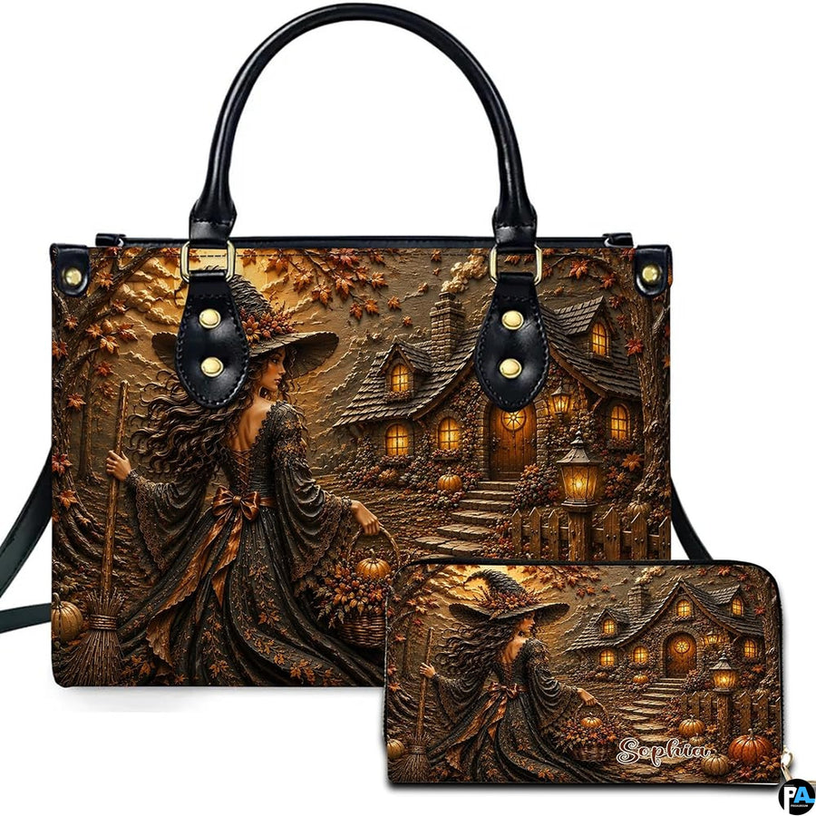 Personalized Witch Handbag with Purse, Custom Name Gothic Leather Bag Set for Women, Halloween Shoulder Bag, Witch Gift
