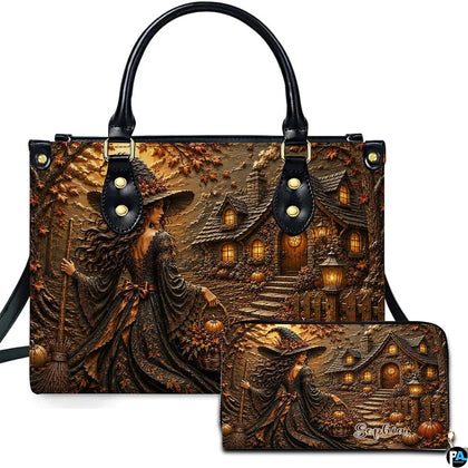 Autumn witch cottage handbag displayed beside matching companion wallet.