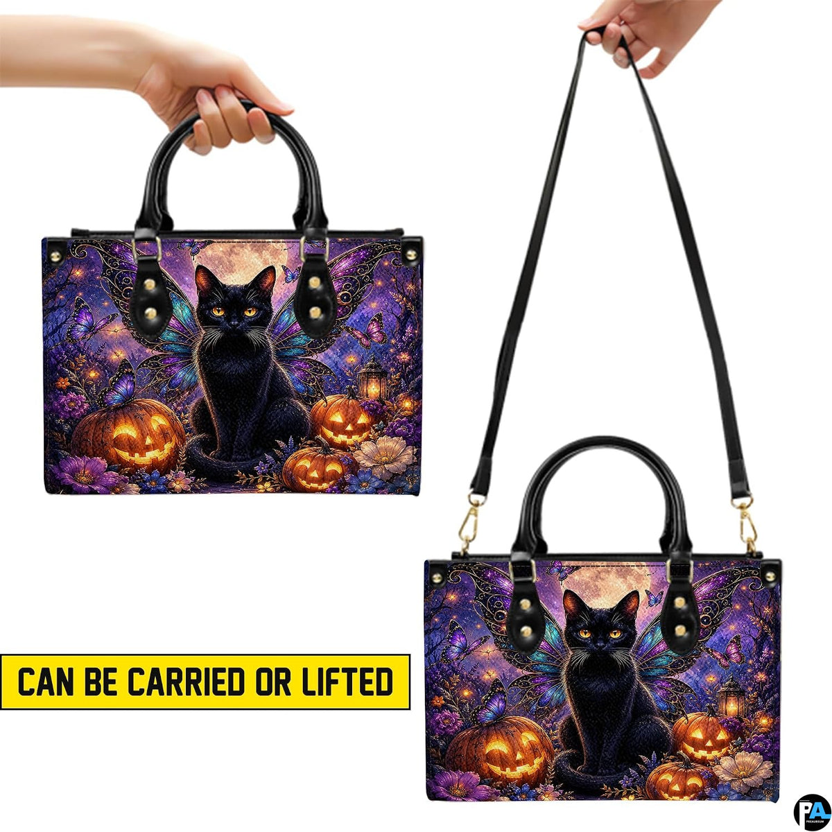 Demonstration graphic illustrating versatile carrying methods for the winged black cat artwork.