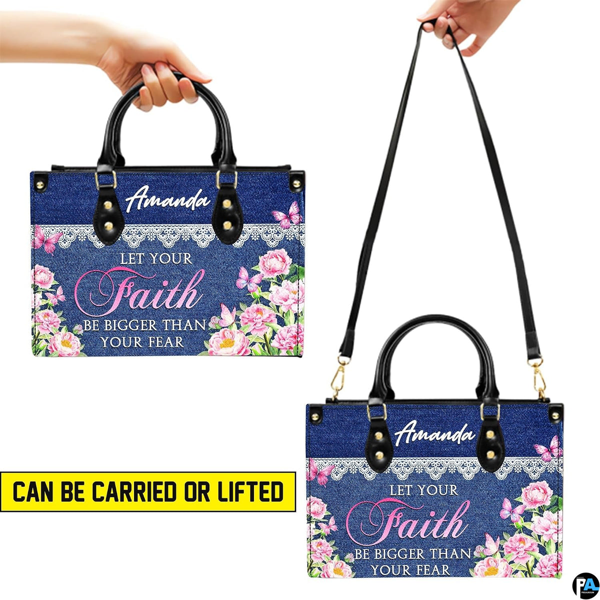 Side perspective of denim floral handbag displaying structured shape