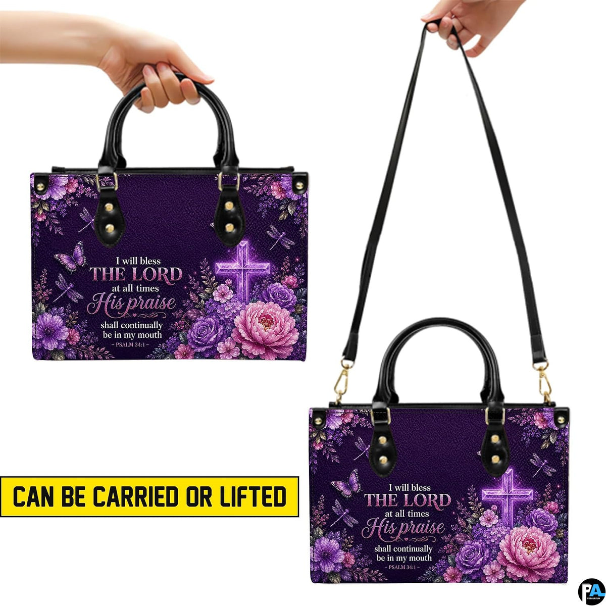 Interior compartment view displaying lining and pocket organization of purple cross handbag.