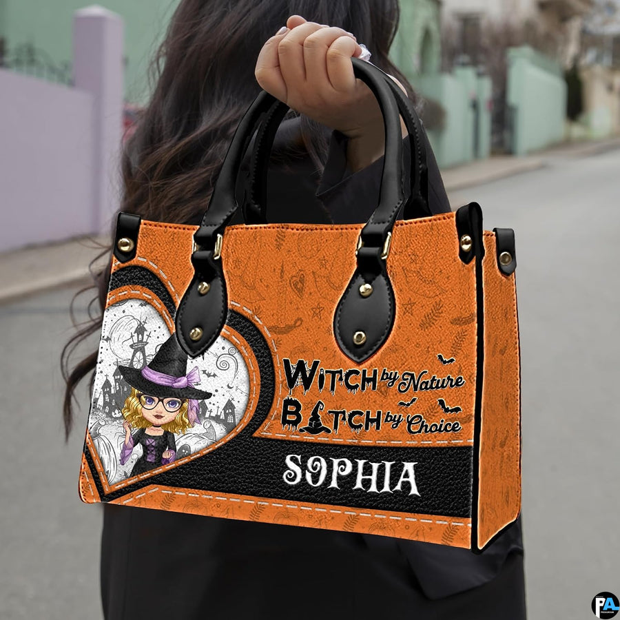 Street perspective view of the cartoon witch accessory held outdoors in daylight.