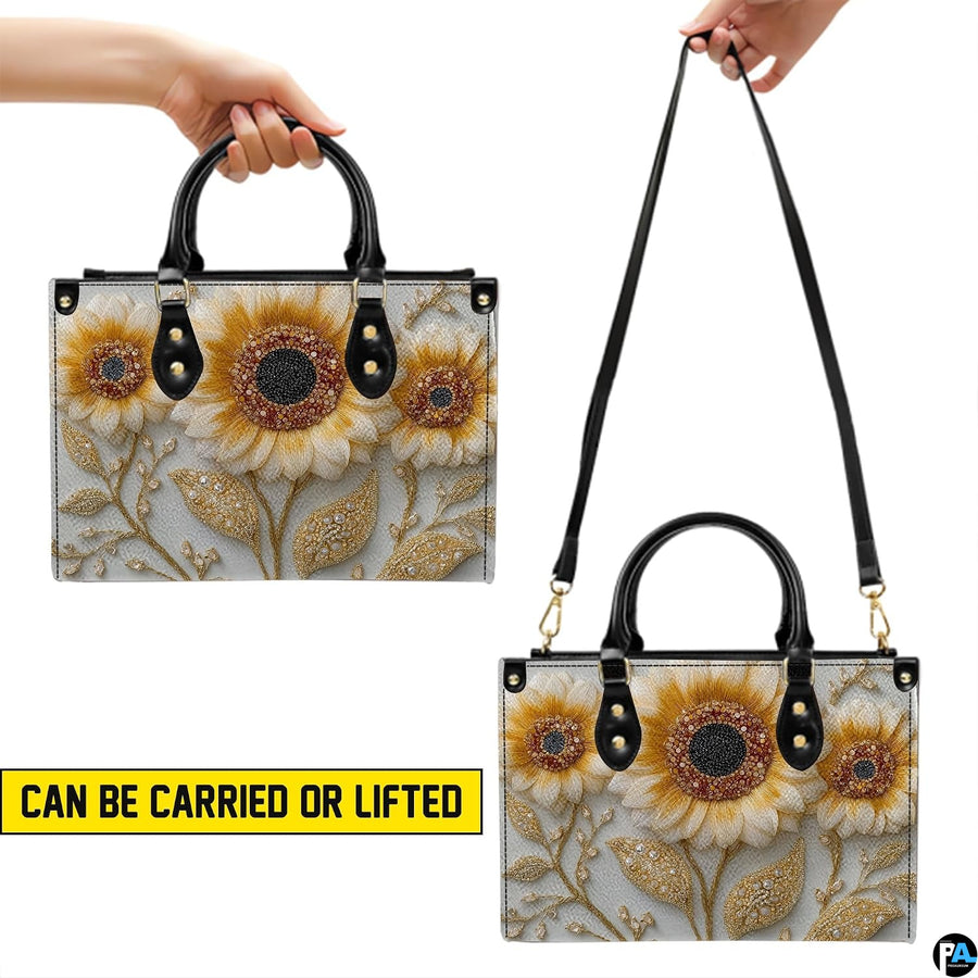 Interior compartment view of sunflower handbag showing inner lining and organization.