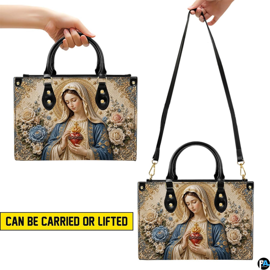 Virgin Mary sacred heart handbag presented on natural wooden tabletop