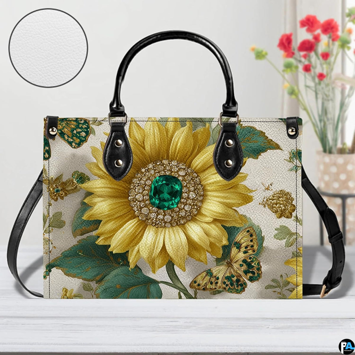 Side perspective of golden sunflower handbag displaying structured shape