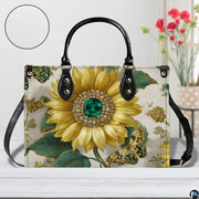Side perspective of golden sunflower handbag displaying structured shape