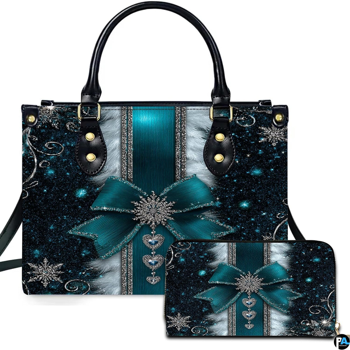 Front view of teal snowflake bow handbag and matching zippered wallet with silver holiday charms.