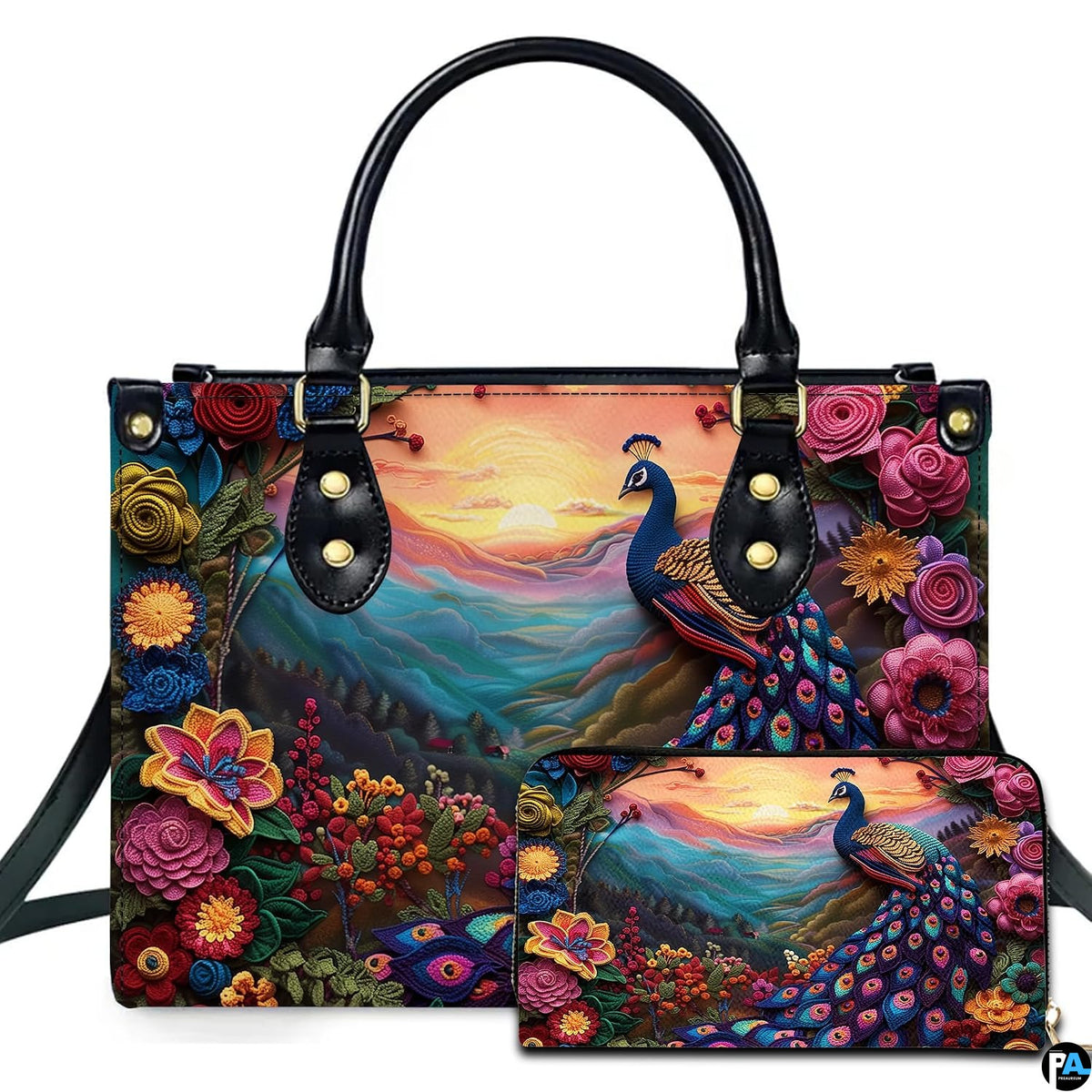 Peacock floral handbag and matching wallet with a colorful sunset mountain scene