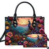 Colorful Peacock Floral Handbag with Sunset Mountain Artwork