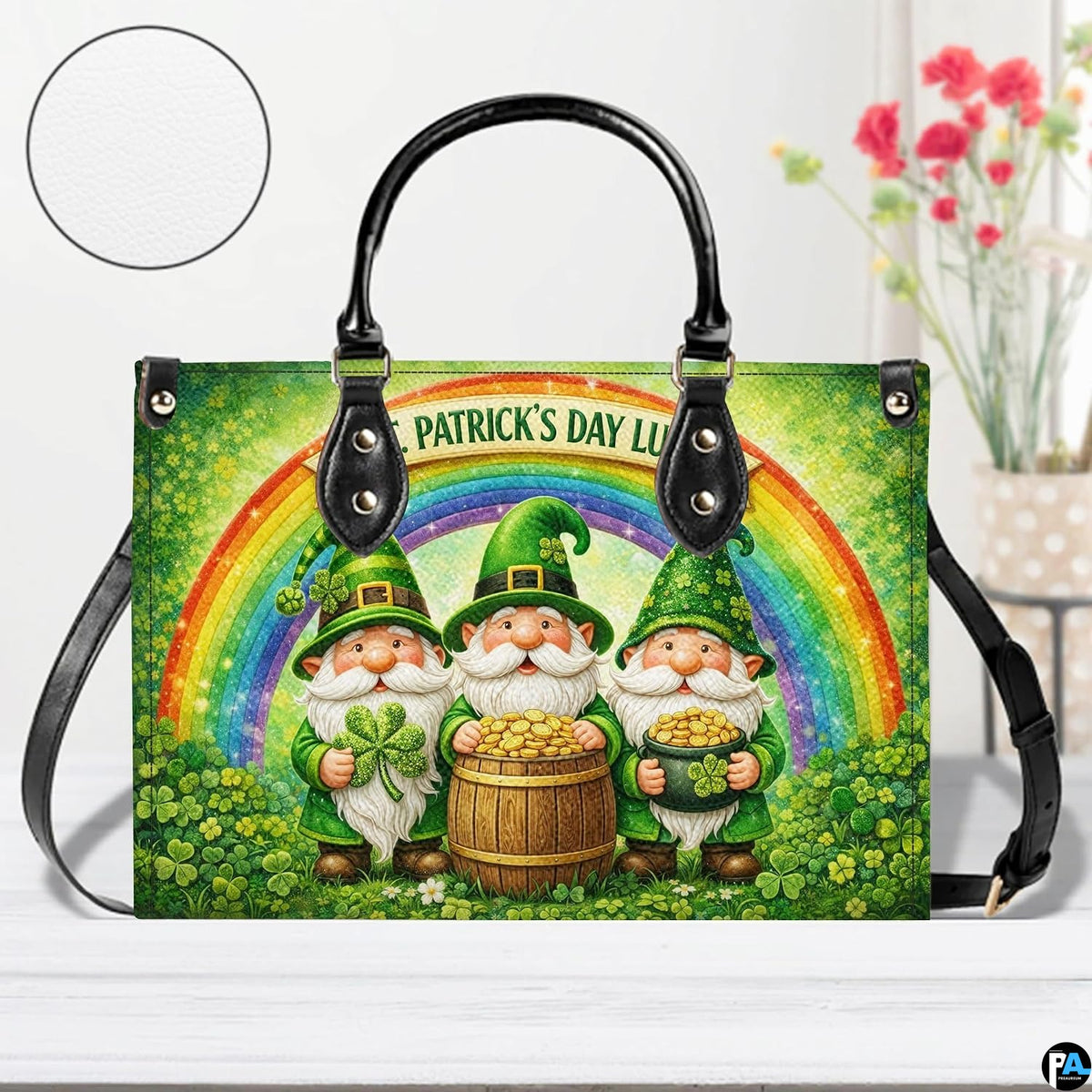 Front view of leprechaun rainbow handbag with clovers and coin piles