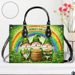 Front view of leprechaun rainbow handbag with clovers and coin piles