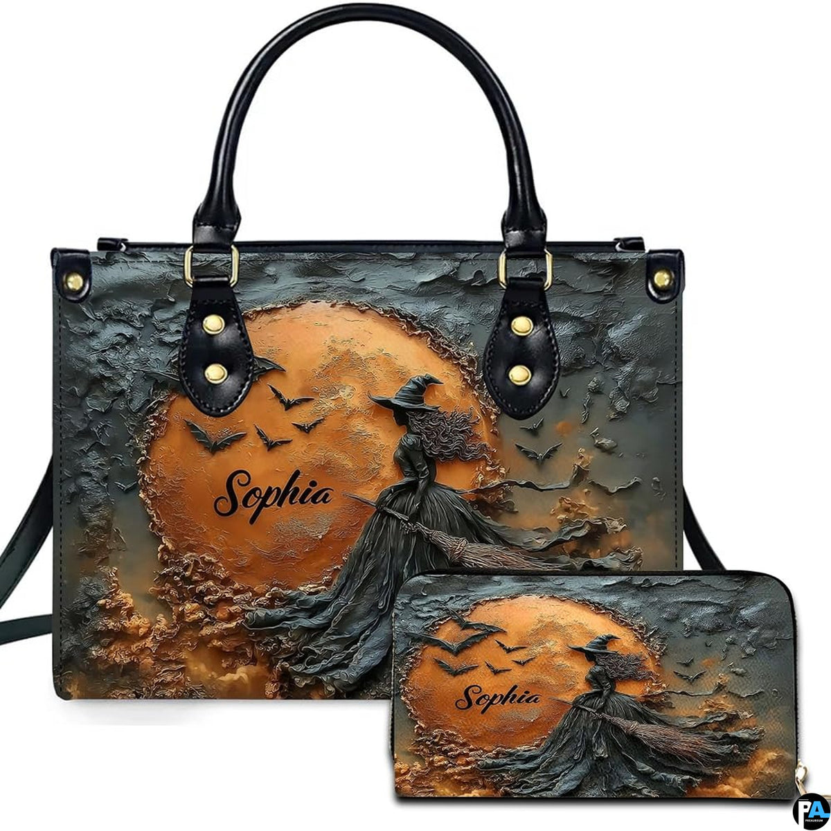 Personalized Halloween Leather Handbag – Custom Witch 3D Printing Effect Purses For Women – Spooky Gothic Shoulder Bag