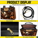 Overview collage highlighting exterior silhouette, top loop, and metal fastenings of satchel.