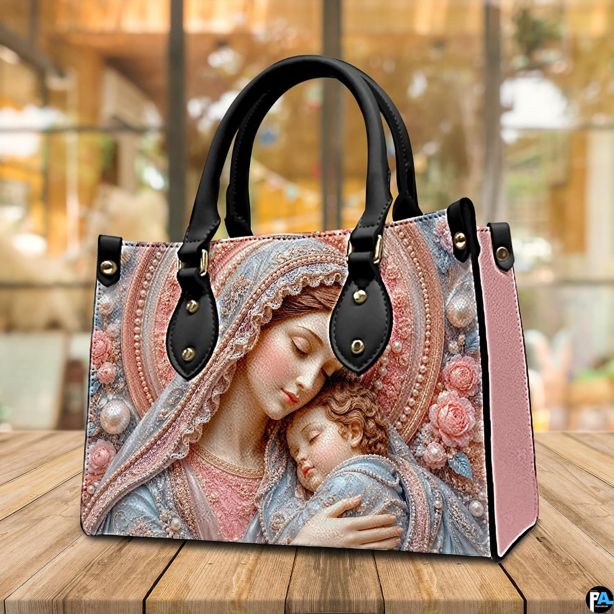 Interior view of sleeping Madonna and Child handbag