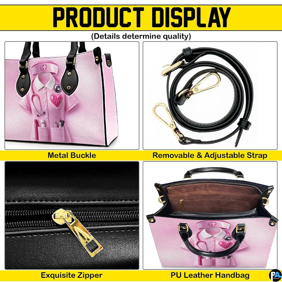 Model holding pink nurse handbag demonstrating carrying proportions and scale
