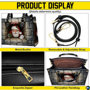 Product feature breakdown illustrating upper handles, attachable strap, zipper detailing, and lining.