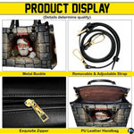 Product feature breakdown illustrating upper handles, attachable strap, zipper detailing, and lining.