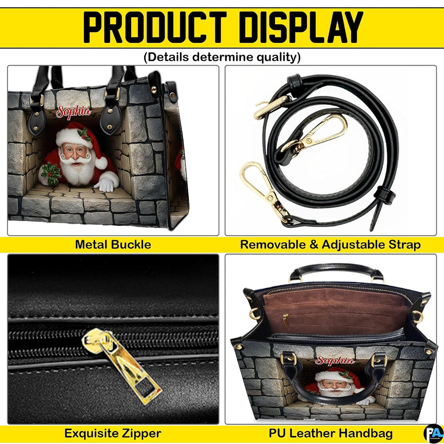 Product feature breakdown illustrating upper handles, attachable strap, zipper detailing, and lining.