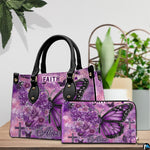 Detailed view of purple floral butterfly cross handbag highlighting floral petal elements.
