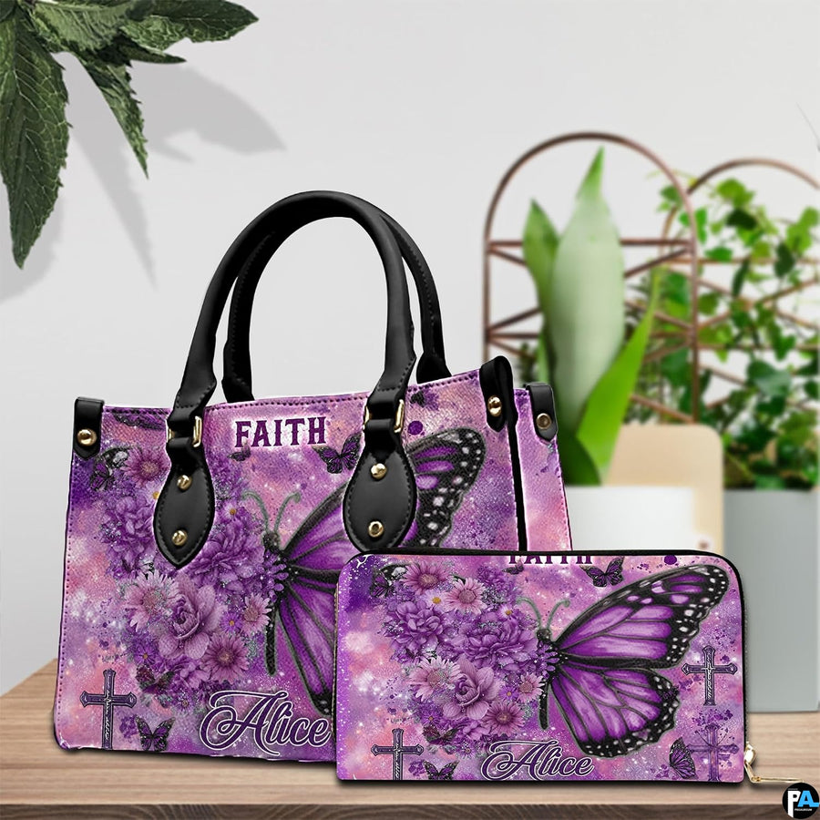 Detailed view of purple floral butterfly cross handbag highlighting floral petal elements.