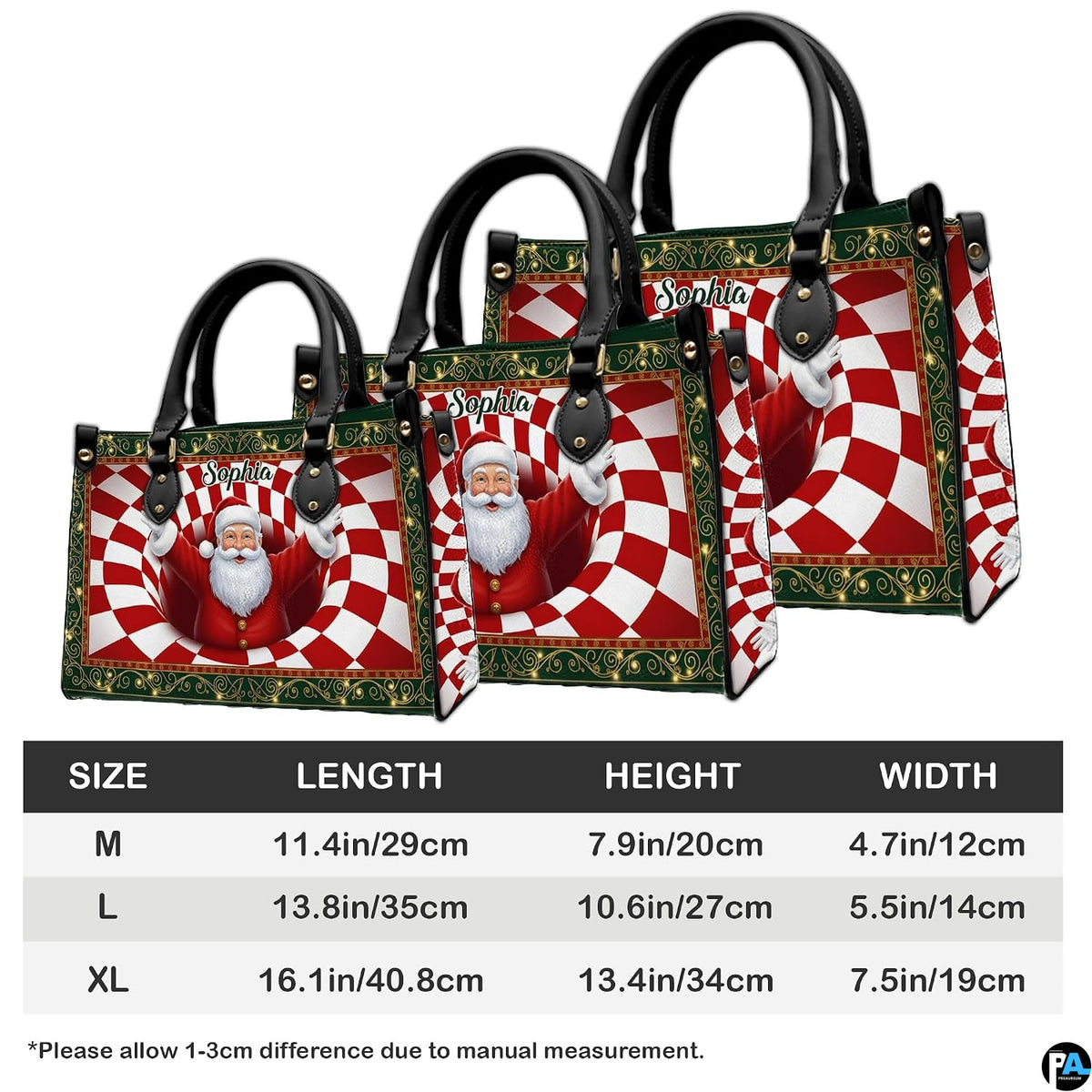 Measurement diagram illustrating three size proportions alongside corresponding bag mockups.