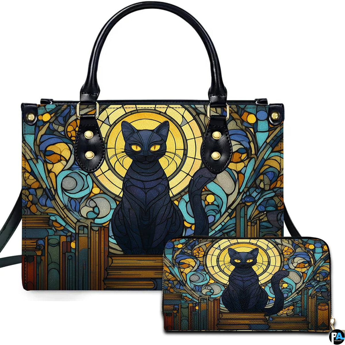 Studio presentation of cat stained glass windows art beside matching rectangular companion accessory.